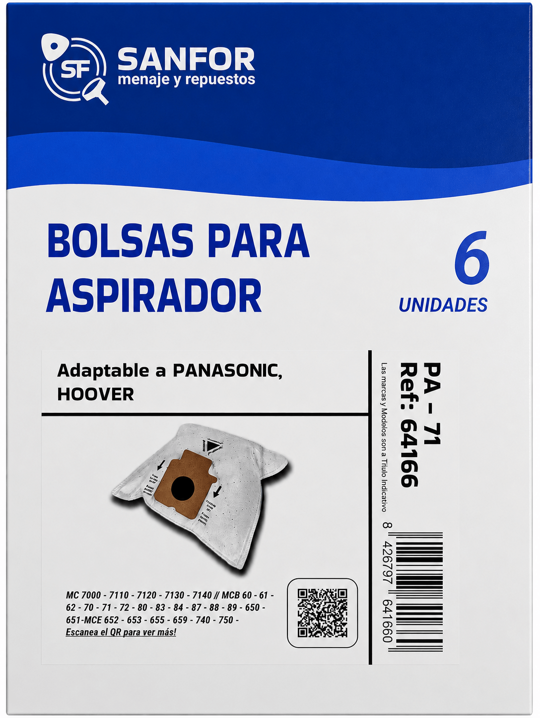 Bolsas para aspirador PANASONIC Referecia NA-71 de tela (6 bolsas) - Imagen 2
