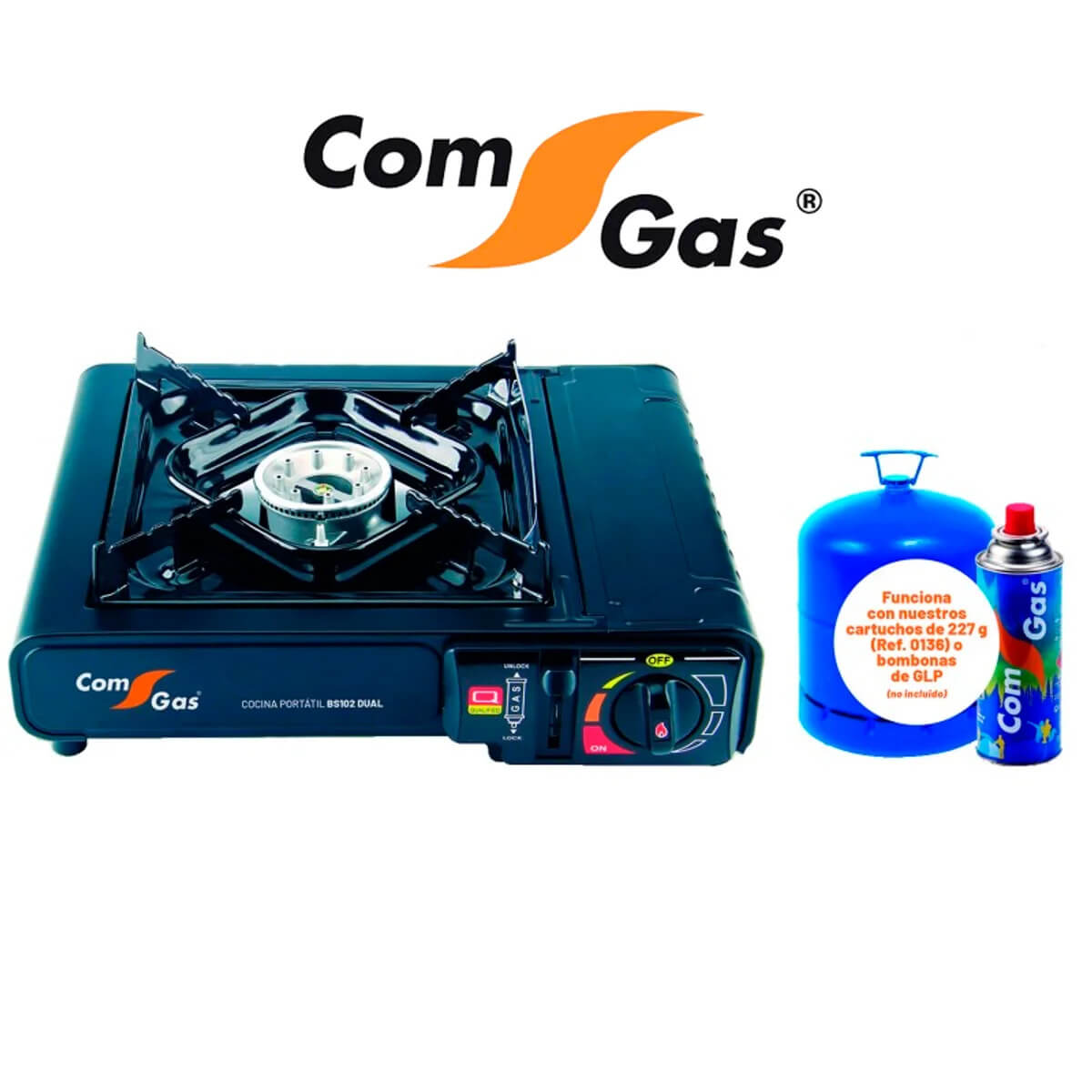 Cocina portátil de gas de Comgas dual (para bombona o cartucho)